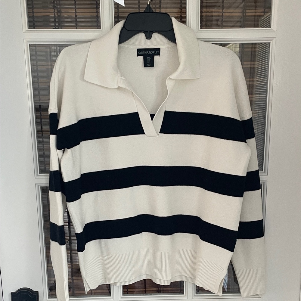 Cynthia Rowley Black and Cream Striped V-Neck Sweater